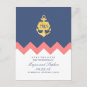 金ゴールドいかりネイビーコーラルシェブロン日付を保存 案内ポストカード (正面)