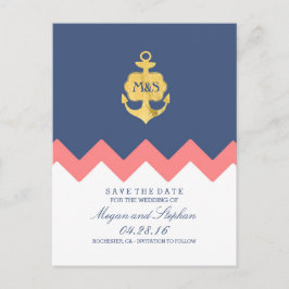 金ゴールドいかりネイビーコーラルシェブロン日付を保存 案内ポストカード