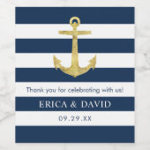 金ゴールドいかりネイビーストライプブル航海の結婚ズ ワインラベル (シングルラベル)