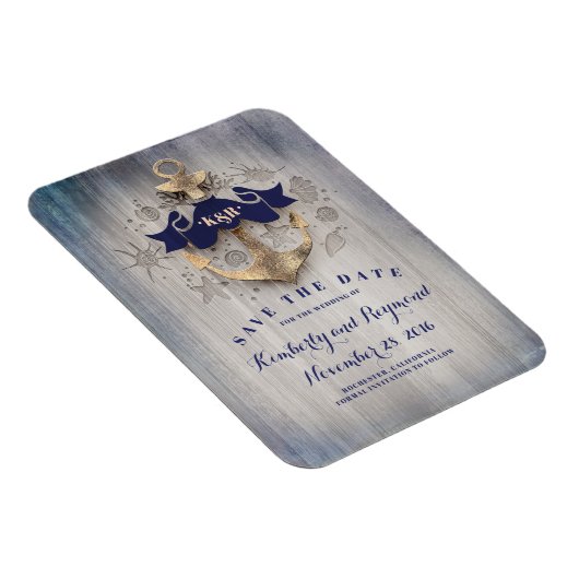 金ゴールドいかりネイビ航海のービーチ日付の保存 マグネット (右側)