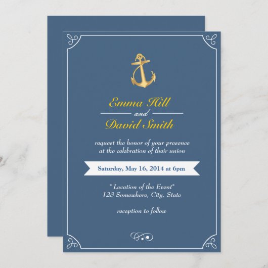 金ゴールドいかりブ王室のルー航海のウエディング招待 招待状 (正面/裏面)