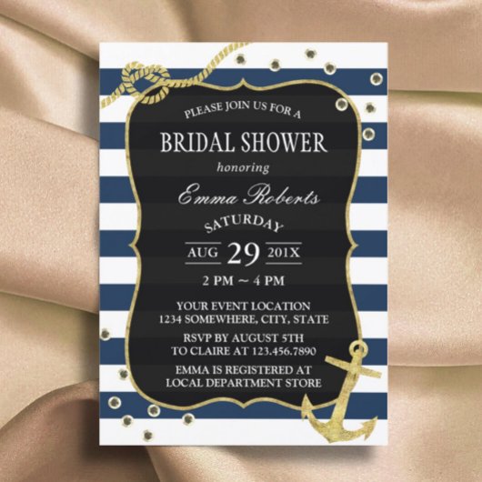 金ゴールドいかり航海のネイビーストライプブライダルシャワー 招待状