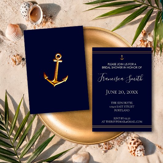 金ゴールドいかり航海のネイビーブルーブライダルシャワー 招待状