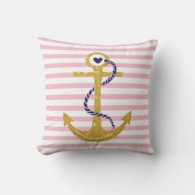 金ゴールドいかり赤面ピンク、白ストライプ色航海の アウトドアクッション (正面)
