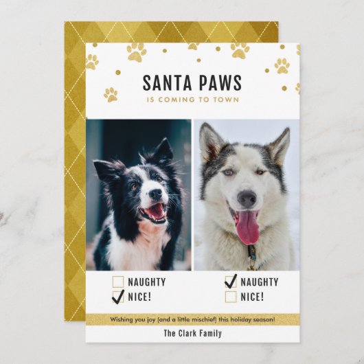 金ゴールドいけなまたはニース2犬クリスマスフォトカード シーズンカード (正面/裏面)
