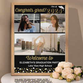 金ゴールドおめでとうグラード3フォトコラージュウェルカムサイン ポスター