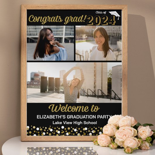 金ゴールドおめでとうグラード3フォトコラージュウェルカムサイン ポスター