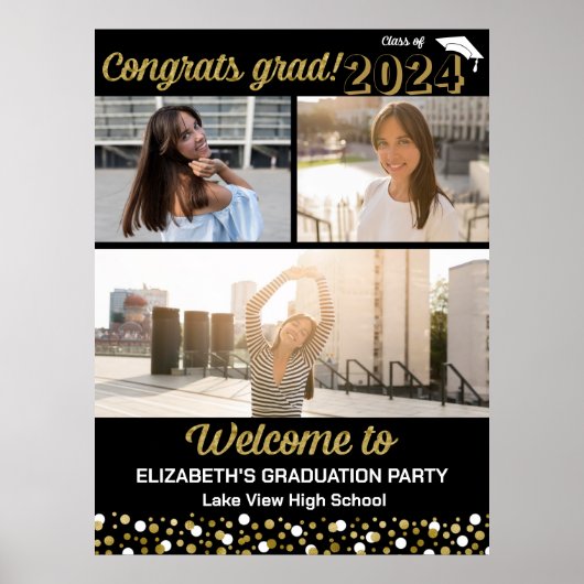 金ゴールドおめでとうグラード3フォトコラージュウェルカムサイン ポスター (正面)