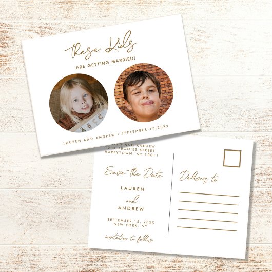 金ゴールドおもしろいキッズフォトスクリプト結婚式の日付を保存 案内ポストカード