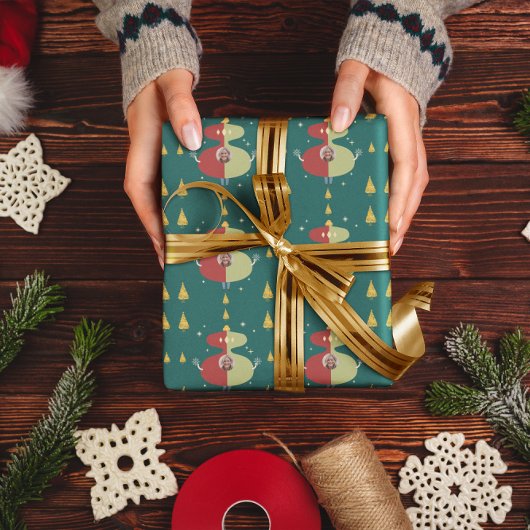 金ゴールドおもしろいツリークリスマスカスタムフォトホリデー ラッピングペーパー