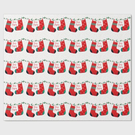 金ゴールドおもしろいレッドホワイトグリーンパインクリスマスストッキング ラッピングペーパー (フラット)