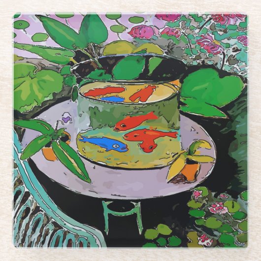 金ゴールドおもしろい魚類焙煎機 ガラスコースター (正面)