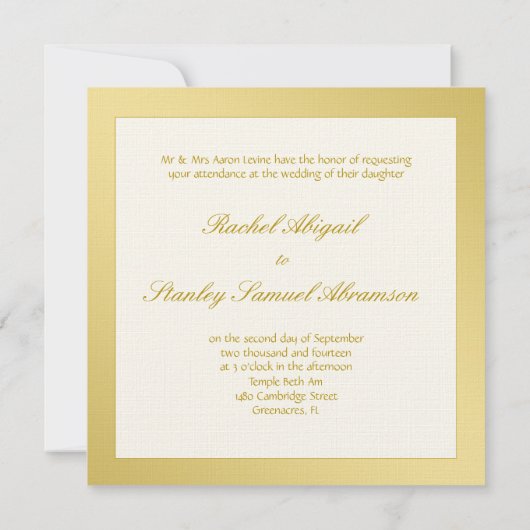 金ゴールドおよびアイボリーの調子のユダヤ人の結婚式招待状 招待状 (裏面)