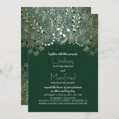 金ゴールドおよびエメラルドグリーンの魅了された森林結婚式 招待状 (正面/裏面)