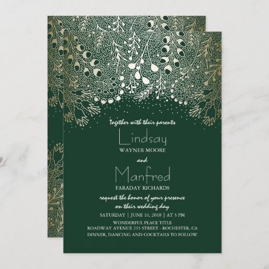 金ゴールドおよびエメラルドグリーンの魅了された森林結婚式 招待状 (正面/裏面)