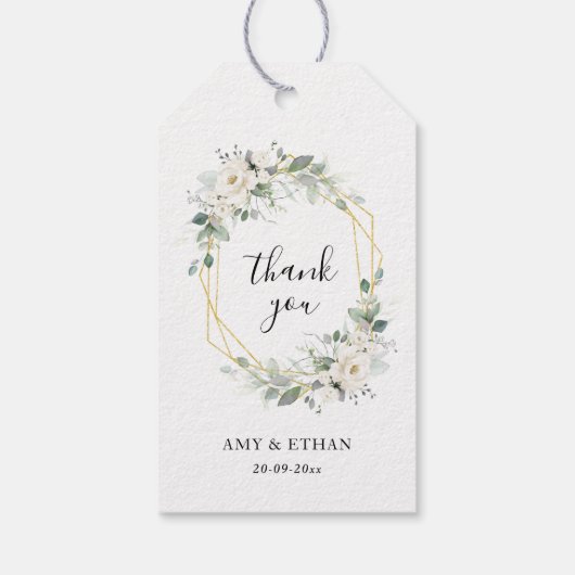 金ゴールドおよびグリーン幾何学フローラブライダルシャワー ギフトタグ (裏面)