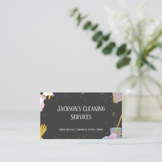 金ゴールドおよびグレーホームおよびオフィスのクリーニングサービス 名刺 (スタンド正面)