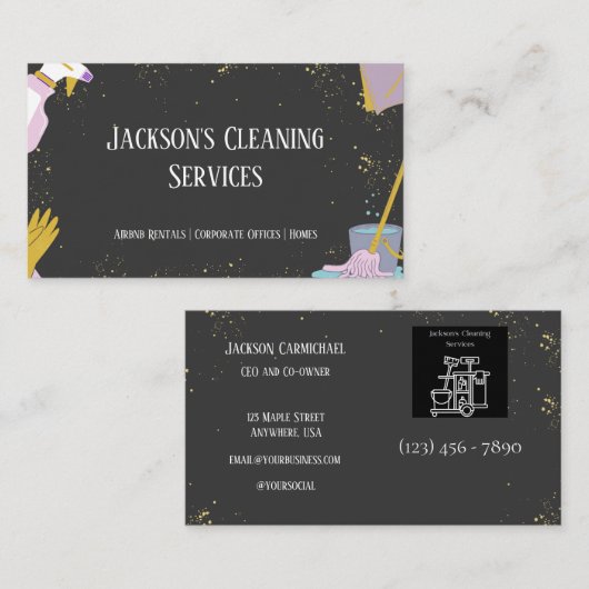 金ゴールドおよびグレーホームおよびオフィスのクリーニングサービス 名刺 (正面/裏面)
