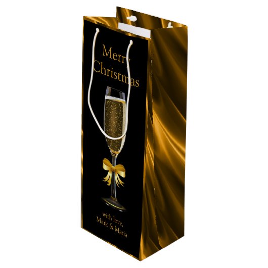 金ゴールドおよびシャンペン黒いガラス ワインギフトバッグ (正面アングル)