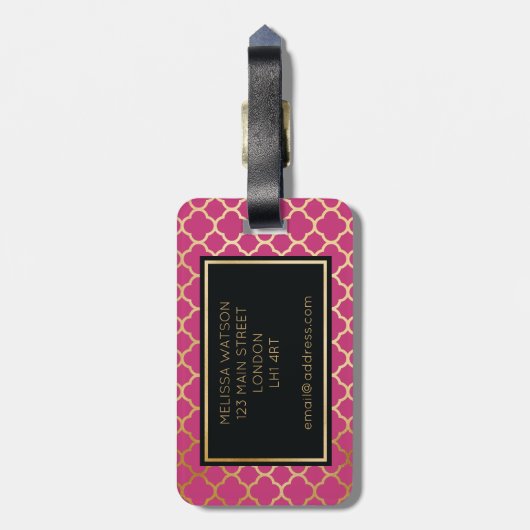 金ゴールドおよびショッキングピンクのクローバーの荷物のラベル ラゲッジタグ (裏面縦)
