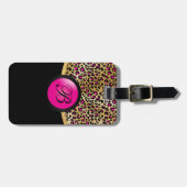 金ゴールドおよびショッキングピンクのヒョウのアニマルプリント|のモノグラム ラゲッジタグ (正面横)
