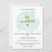 金ゴールドおよびティール(緑がかった色)の赤面の結婚式招待状 招待状 (正面)