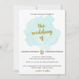 金ゴールドおよびティール（緑がかった色）の赤面の結婚式招待状 招待状