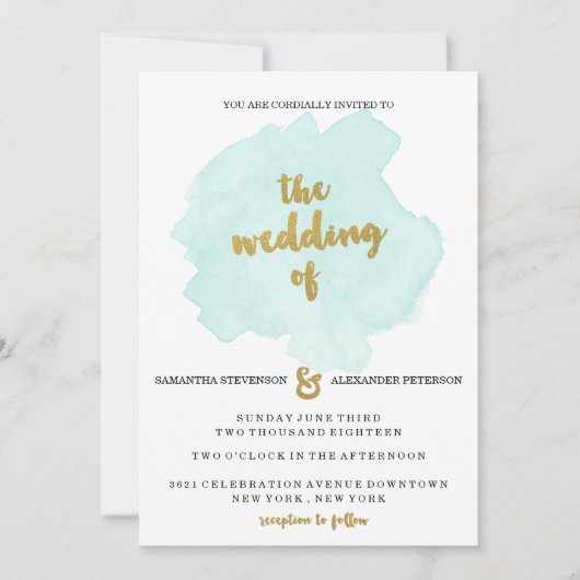 金ゴールドおよびティール(緑がかった色)の赤面の結婚式招待状 招待状 (正面)