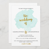 金ゴールドおよびティール(緑がかった色)の赤面の結婚式招待状 招待状 (正面/裏面)