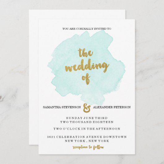 金ゴールドおよびティール(緑がかった色)の赤面の結婚式招待状 招待状 (正面/裏面)