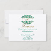 金ゴールドおよびティール(緑がかった色)ヴィンテージフローラスクロール披露宴 招待状 (正面)