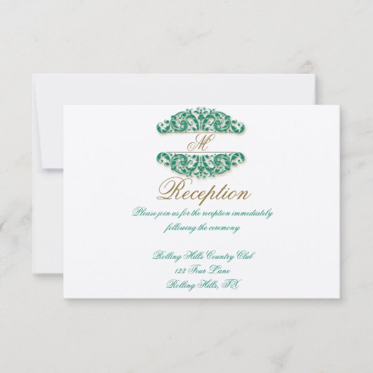 金ゴールドおよびティール(緑がかった色)ヴィンテージフローラスクロール披露宴 招待状 (正面)