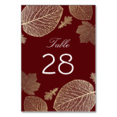 金ゴールドおよびバーガンディの紅葉の結婚 テーブルナンバー (裏面)