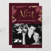 金ゴールドおよびバーガンディの葉のJoyeux Noëlの写真 シーズンカード (正面/裏面)