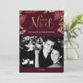 金ゴールドおよびバーガンディの葉のJoyeux Noëlの写真 シーズンカード (スタンド正面)