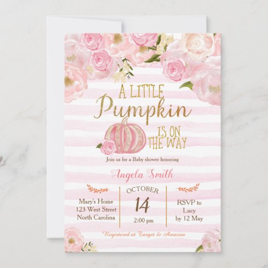 金ゴールドおよびピンクのカボチャベビーシャワーの招待状 招待状 (正面)