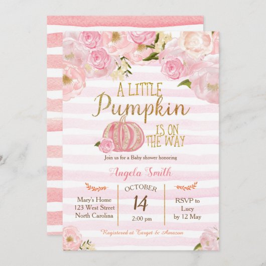 金ゴールドおよびピンクのカボチャベビーシャワーの招待状 招待状 (正面/裏面)