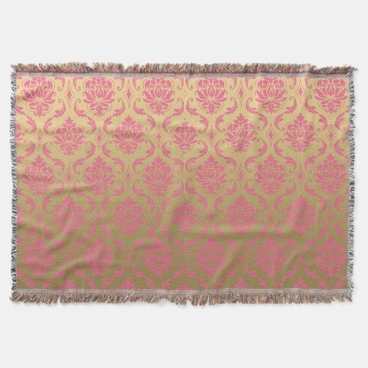 金ゴールドおよびピンクのクラシックなダマスク織 スローブランケット (正面)