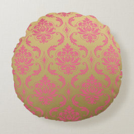 金ゴールドおよびピンクのクラシックなダマスク織 ラウンドクッション