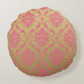 金ゴールドおよびピンクのクラシックなダマスク織 ラウンドクッション (裏面)