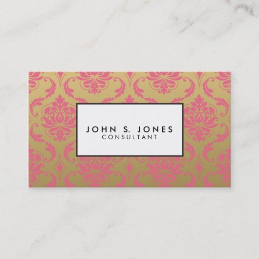 金ゴールドおよびピンクのクラシックなダマスク織 名刺 (正面)