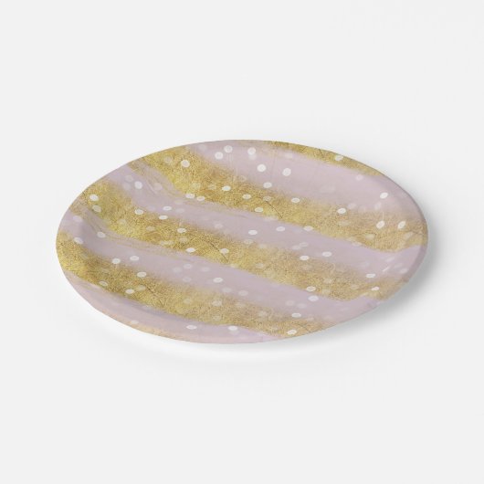 金ゴールドおよびピンクのストライプの《写真》ぼけ味の紙吹雪 ペーパープレート (アングル)