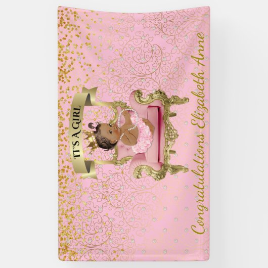 金ゴールドおよびピンクのベビーのプリンセスのベビーシャワーの旗 横断幕 (縦)