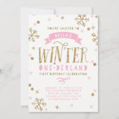 金ゴールドおよびピンクの冬のOnederlandの最初誕生日 招待状 (正面)