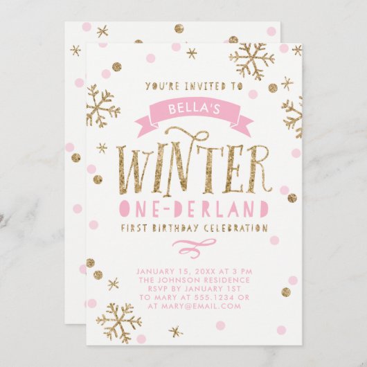 金ゴールドおよびピンクの冬のOnederlandの最初誕生日 招待状 (正面/裏面)