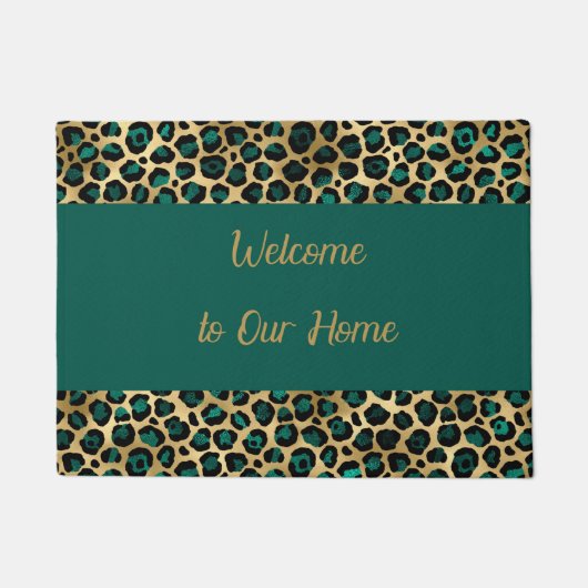 金ゴールドおよびフェイクティール(緑がかった色)レオパードデザインの形式 ドアマット (正面)