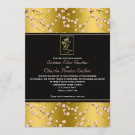 金ゴールドおよびブラックチェリーの花の結婚式招待状 招待状