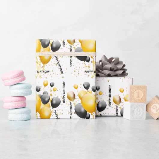 金ゴールドおよびブラックバルーン誕生日包装紙 ラッピングペーパー (ベビーシャワー)