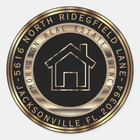 金ゴールドおよびブラックメタル不動産仲介業者戻りラベル ラウンドシール (正面)