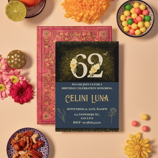 金ゴールドおよびブラック62番目の誕生日招待状 招待状